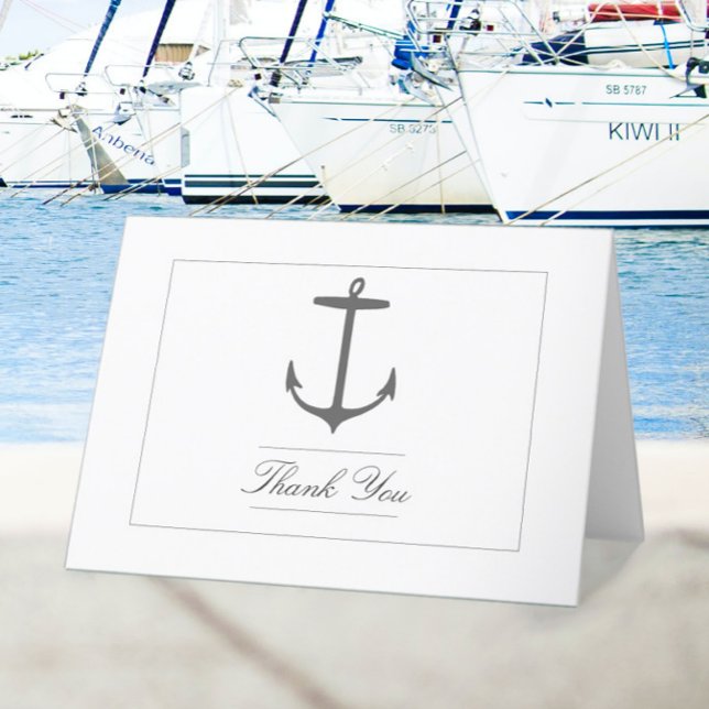 Cartão De Agradecimento Casamento de Âncora Náutica Simples | Branco (White Simple Nautical Anchor Wedding Thank You Card)