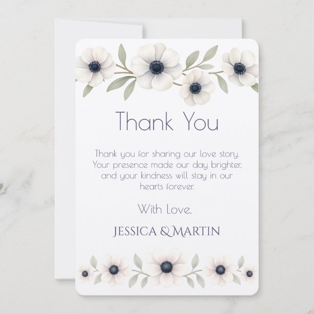 Cartão De Agradecimento Casamento de Anêmona Azul com Marinho de Marfim (Frente)