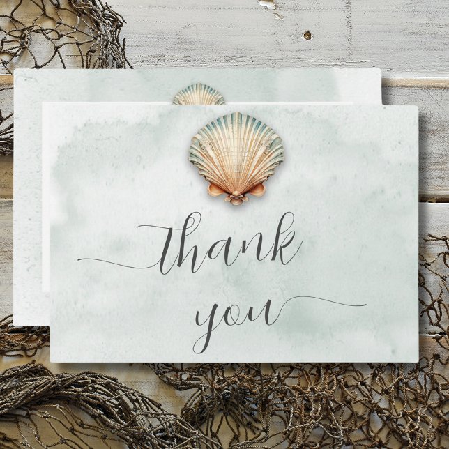 Cartão De Agradecimento Casamento de Aqua de Seashell Costeiro Moderno (Modern Coastal Seashell Aqua Wedding Thank You Card)