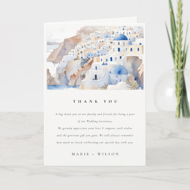 Cartão De Agradecimento Casamento de Aquarela com Grécia Chic Santorini (Frente)