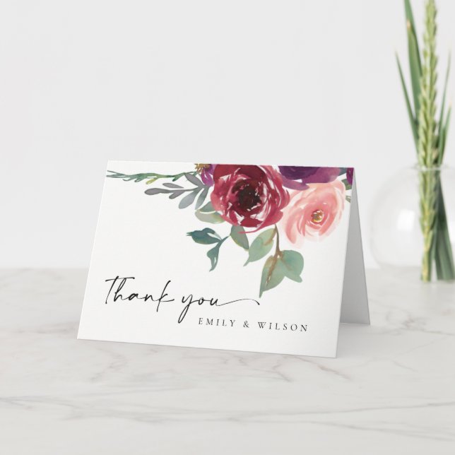 Cartão De Agradecimento CASAMENTO DE Aquarela Floral Rosa Blush Marsala Ve (Frente)