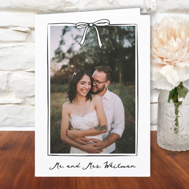 Cartão De Agradecimento Casamento de Arco com manuscrito branco (Elegant bow personalized wedding thank you note. Add your names for a unique and heartfelt touch.)