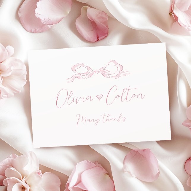 Cartão De Agradecimento Casamento de Arco Redesenhado à Mão Elegante Paste (Elegant Pastel Pink Hand Drawn Bow Wedding Thank You Card)