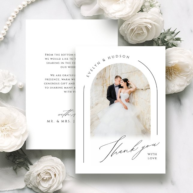 Cartão De Agradecimento Casamento de Arquitetura de Foto Minimalista Rotei (Modern Script Minimalist Photo Arch Wedding Thank You Card)