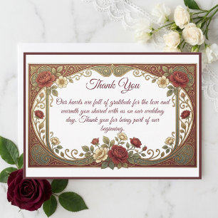 Cartão De Agradecimento Casamento de Arte Nova em Ouro e Bordô Floral Mode