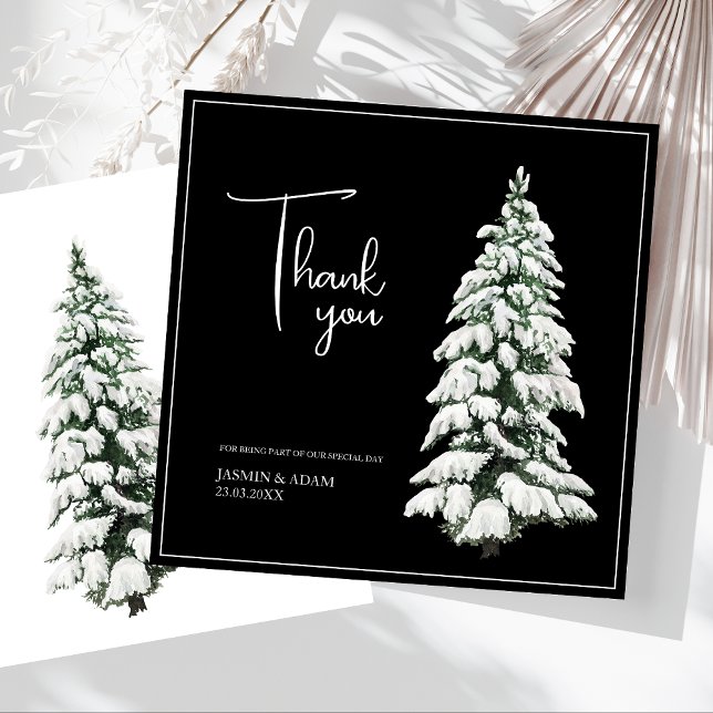 Cartão De Agradecimento Casamento de Árvore de Natal da Neve Negra de inve (Winter Black and White Snowy Pine Tree Wedding Thank You Card)