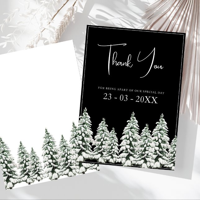 Cartão De Agradecimento Casamento de Árvores de Natal Negra Inverno (Winter Black and White Snowy Pine Trees Wedding Thank You Card)