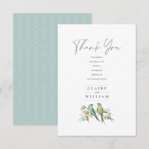 Cartão De Agradecimento Casamento de Azul Verde-Aves Botânicas