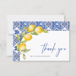 Cartão De Agradecimento Casamento de Azulejos Azuis de Limões do Mediterrâ