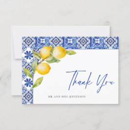 Cartão De Agradecimento Casamento de Azulejos Azuis de Limões do Mediterrâ