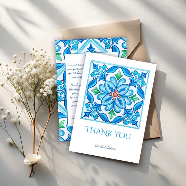 Cartão De Agradecimento Casamento de azulejos de Talavera Blue (Aqua Blue vintage folk art Talavera tiles Mexican fiesta wedding wedding Thank You Cards)