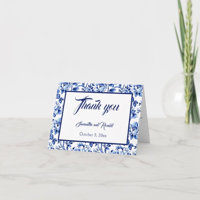 Cartão De Agradecimento Casamento de Banho Floral Azul e Branco Elegante (Frente)