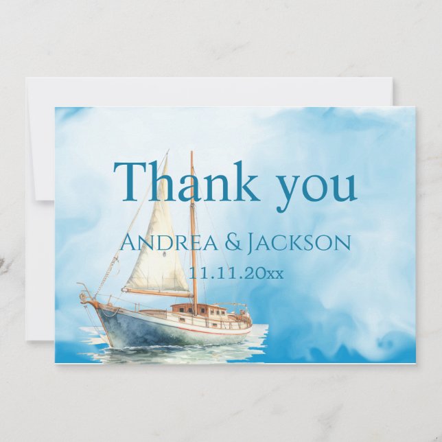 Cartão De Agradecimento Casamento de Barco à Vela em Aquarela Obrigado (Frente)
