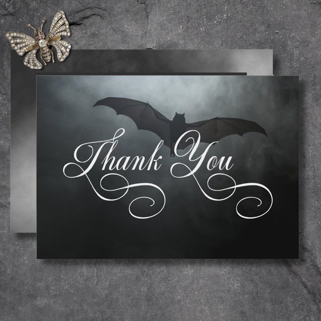 Cartão De Agradecimento Casamento de Bat e Nevoeiro da Meia-Noite Escura (Dark Moody Midnight Bat & Fog Wedding Thank You Card)
