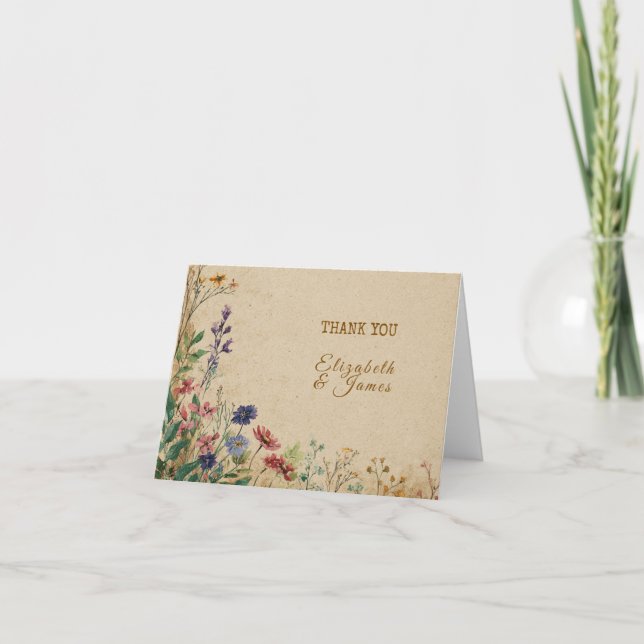 Cartão De Agradecimento Casamento de Beige Border Rustic Boho Wildflower (Frente)