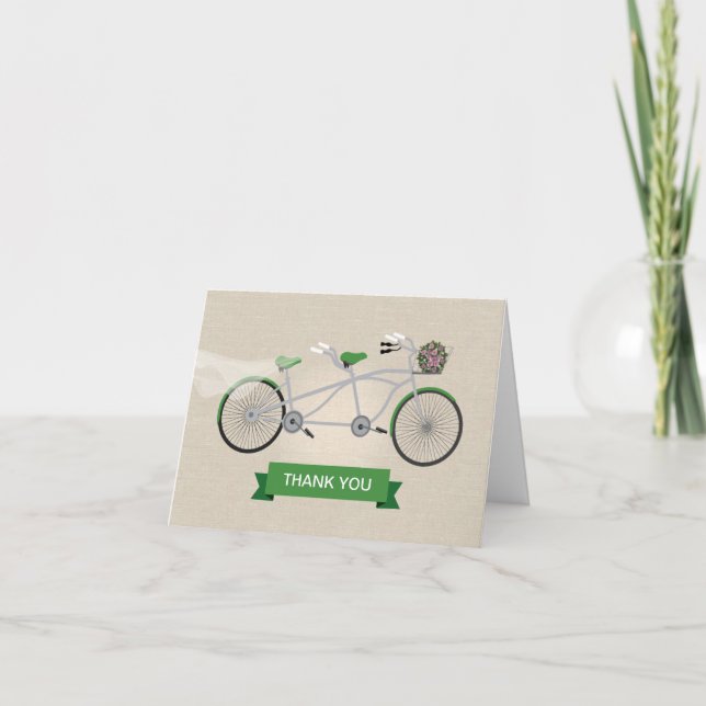 Cartão De Agradecimento Casamento de Bicicleta Faux Linen Green Tandem Obr (Frente)