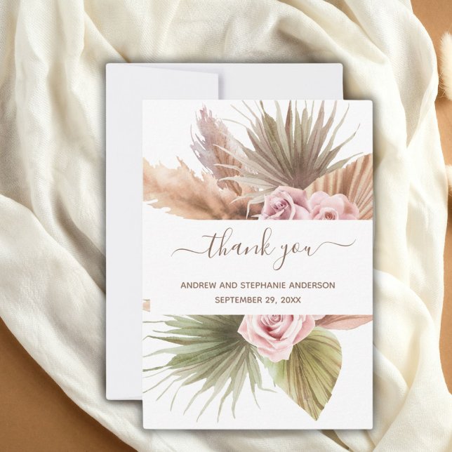Cartão De Agradecimento Casamento de Boho Botânico Floral Verde-Rosa (Pink beige and green boho floral botanical wedding thank you card)