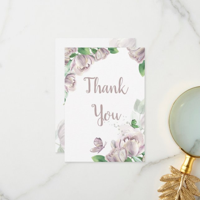 Cartão De Agradecimento casamento de borboletas de flores roxas (Frente/Verso In Situ)