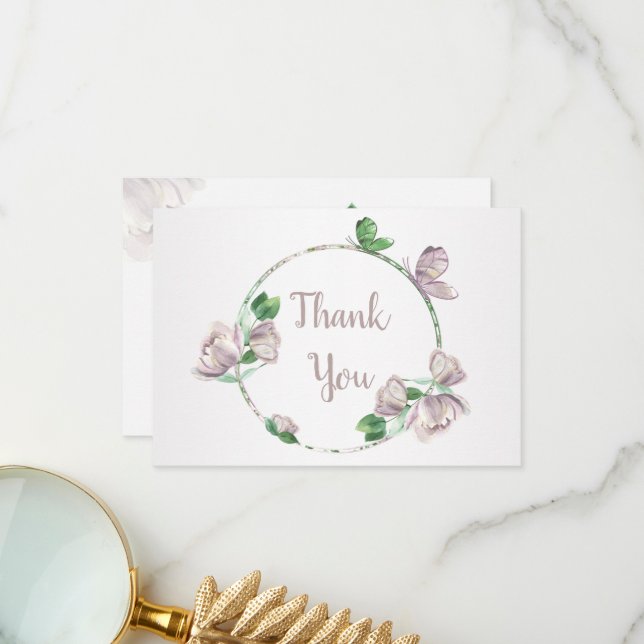 Cartão De Agradecimento casamento de borboletas de flores roxas (Frente/Verso In Situ)