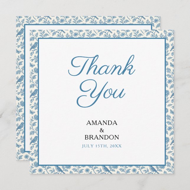 Cartão De Agradecimento Casamento de Borda Floral Chic Blue Toile de Jouy (Frente/Verso)