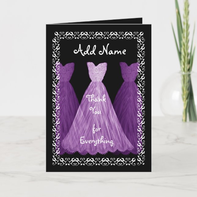 Cartão De Agradecimento Casamento de BRIDESMAID de Vestido PURPLE Obrigado (Frente)