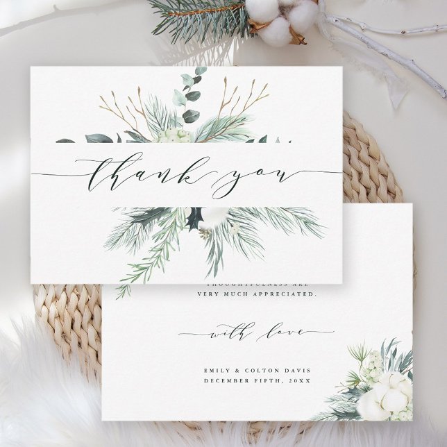Cartão De Agradecimento Casamento de Buquê de Flor Evergreen & Cotton (Front & Back)