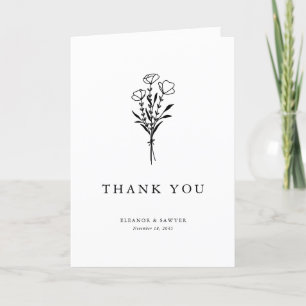 Cartão De Agradecimento Casamento de Buquê Floral Mínimo Moderno Negro