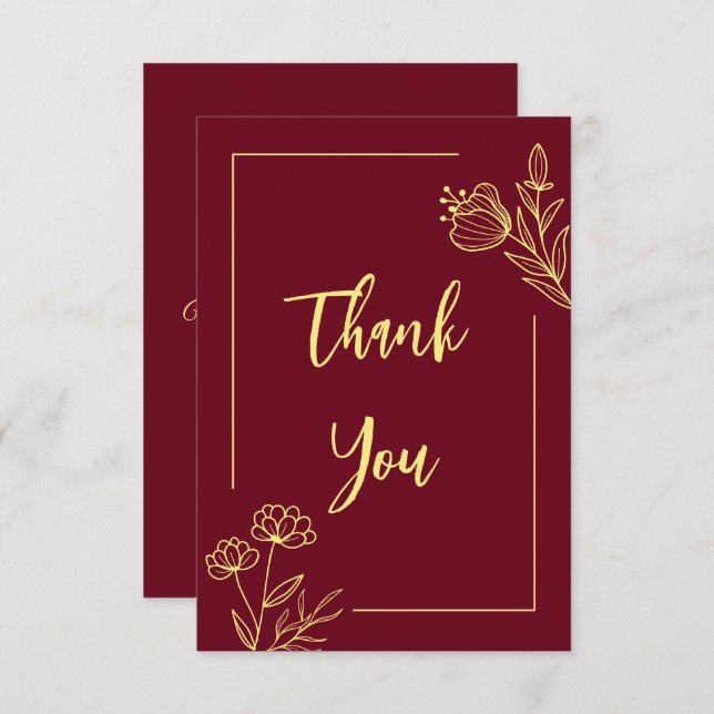 Cartão De Agradecimento Casamento de burgundy com flores de ouro simples (Frente/Verso)