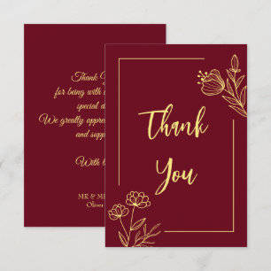 Cartão De Agradecimento Casamento de burgundy com flores de ouro simples