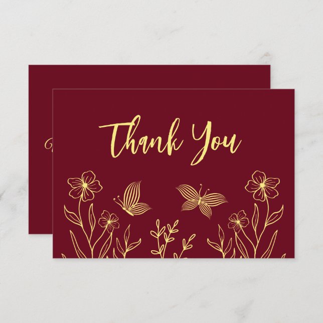Cartão De Agradecimento Casamento de burgundy com flores de ouro simples (Frente/Verso)