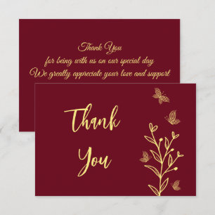 Cartão De Agradecimento Casamento de burgundy com flores de ouro simples