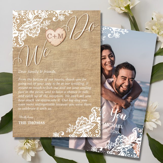 Cartão De Agradecimento Casamento De Burlap E Lace Rustic Country (Criador carregado)