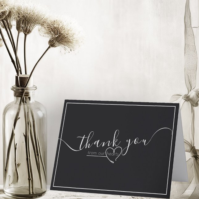 Cartão De Agradecimento Casamento de Caligrafia Elegante Negra e Branca Mo (modern black and white elegant script folded thank you card)
