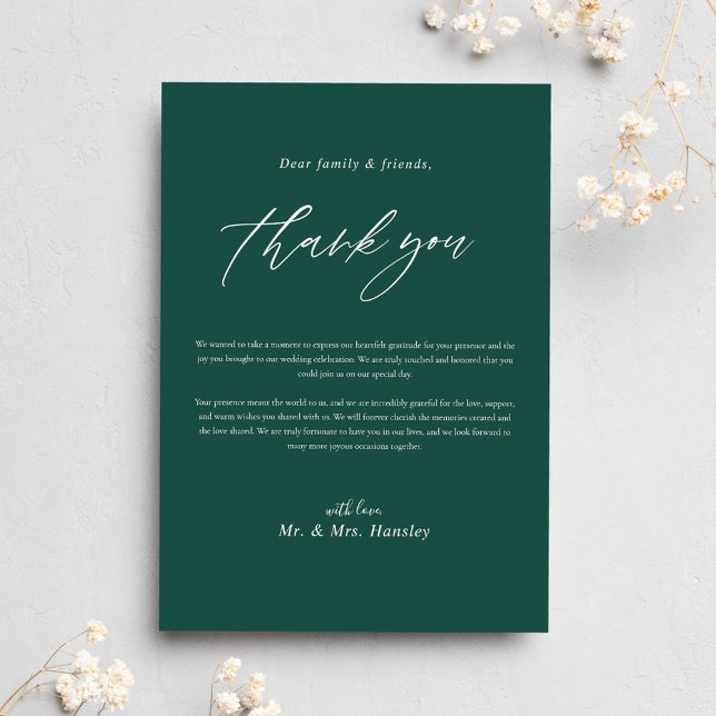 Cartão De Agradecimento Casamento de Caligrafia Mínima Moderno Emerald Gre (Modern Emerald Green Minimal Calligraphy Wedding Thank You Card)