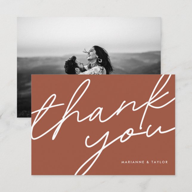 Cartão De Agradecimento Casamento de Caligrafia por Script de Terracotta M (Frente/Verso)