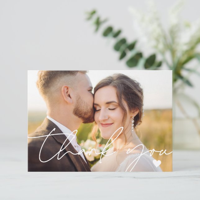 Cartão De Agradecimento Casamento de Caligrafia Simples com Script de Foto (Em pé/Frente)