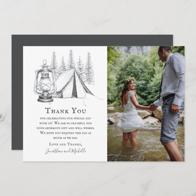 Cartão De Agradecimento Casamento de Campos de Tent, Lanterna e Woodland (Frente/Verso)