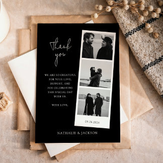 Cartão De Agradecimento Casamento de Casal Faixa de Três Fotos Preto Minim