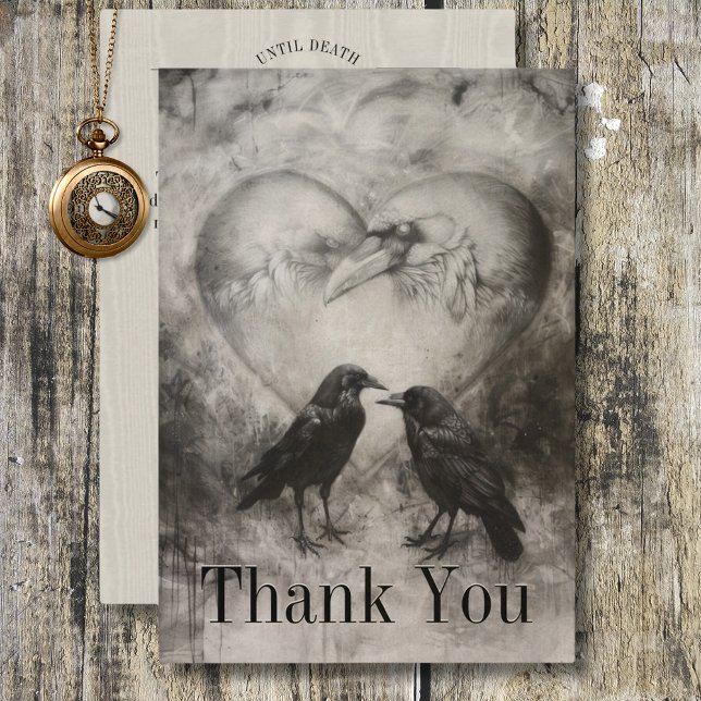 Cartão De Agradecimento Casamento de Casal Negro e Tan Raven Gótico Escuro (Dark Gothic Black & Tan Raven Couple Wedding Thank You Card)