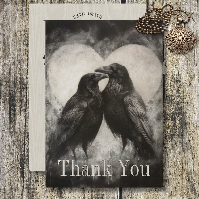 Cartão De Agradecimento Casamento de Casal Negro e Tan Raven Gótico Escuro (Dark Gothic Black & Tan Raven Couple Wedding Thank You Card)