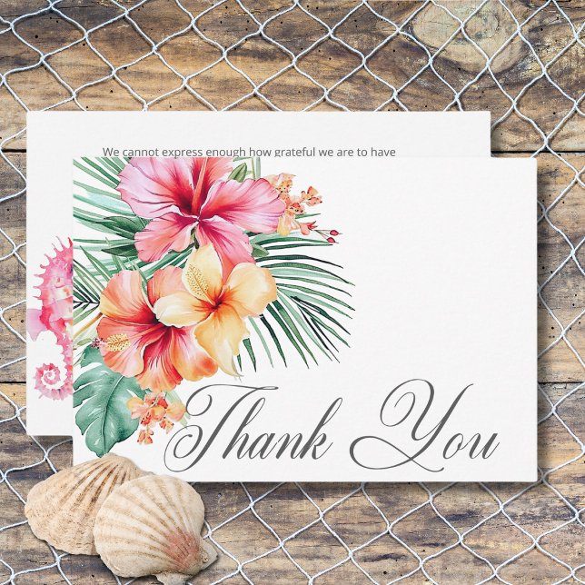 Cartão De Agradecimento Casamento de Cena de Praia e Palmas Modernas de Aq (Watercolor Modern Palms & Beach Scene Wedding Thank You Card)