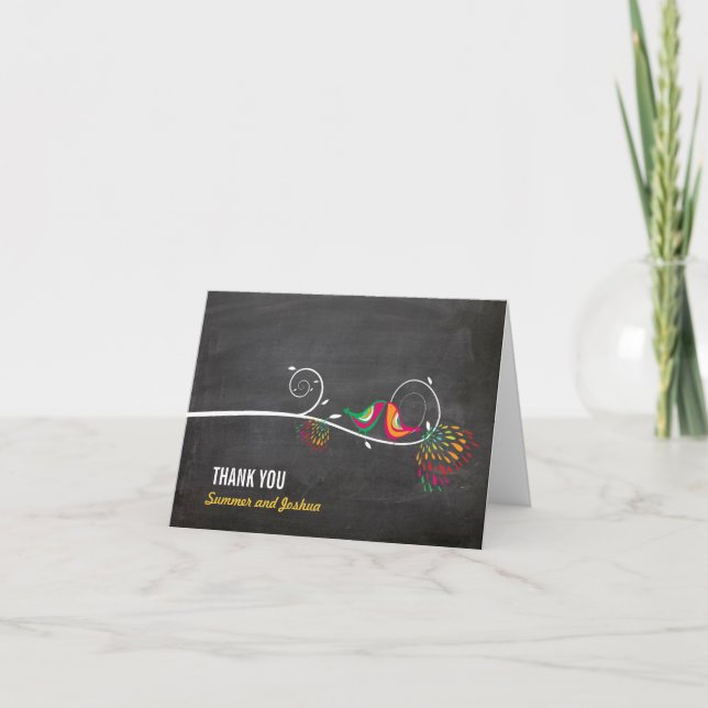 Cartão De Agradecimento Casamento de Chalkboard com Pássaros de Verão Beij (Frente)