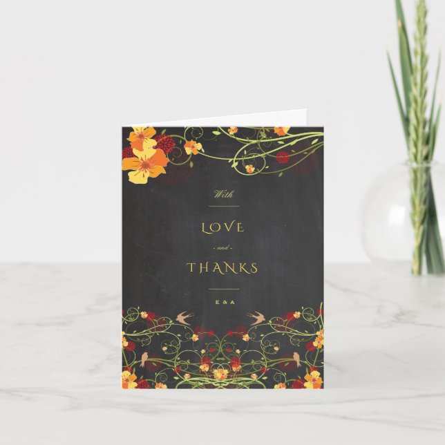 Cartão De Agradecimento Casamento De Chalkboard Floral De Engorda Amarelo (Frente)