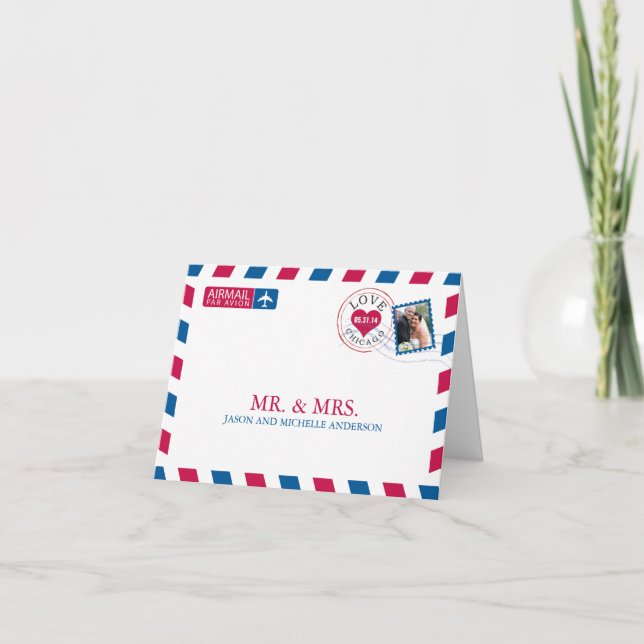 Cartão De Agradecimento Casamento de Chicago Airmail Obrigado (Frente)