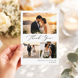 Cartão De Agradecimento Casamento de Colagem de Fotos com Roteiro Minimali