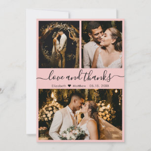 Cartão De Agradecimento Casamento de Colagem de Fotos Cor-de-Rosa 3 Elegan