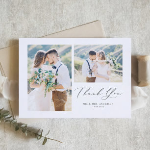 Cartão De Agradecimento Casamento de Colagem de Fotos de Caligrafia Cinza