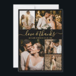 Cartão De Agradecimento Casamento de Colagem de Fotos de Script Dourado de<br><div class="desc">Colagem de Fotos Dourada e Negra de Casamento Elegante - Obrigado Cartões. Cartões de agradecimentos de casamento moderno e mínimo com cinco (5) fotos na frente e uma (1) foto no verso. Com o texto "Amor e obrigados" em uma bela letra de escrita tipográfica, escrita à mão, em ouro, sobre...</div>