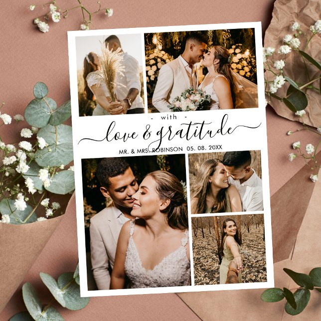 Cartão De Agradecimento Casamento de Colagem de Fotos do Script de Amor e  (Criador carregado)