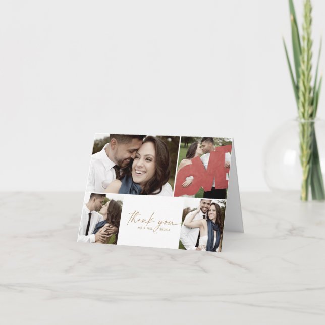 Cartão De Agradecimento Casamento de Colagem de Fotos do Script Dourado Mo (Frente)